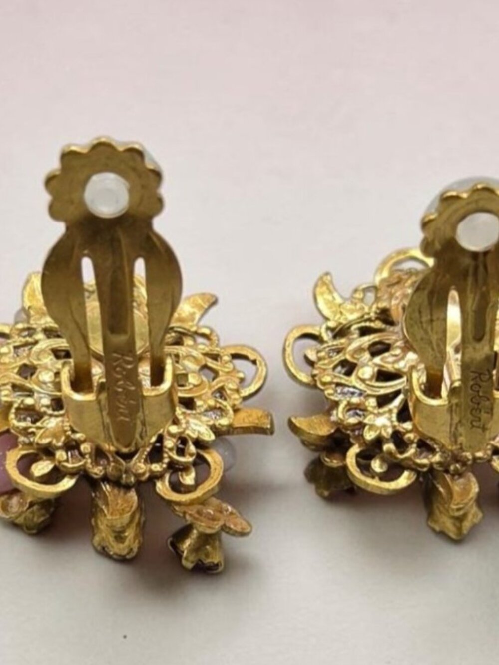 Vintage Signed Robert Pink Flower Cluster Clip-On Earrings Mid-Century 1950s - Picture 3 of 12